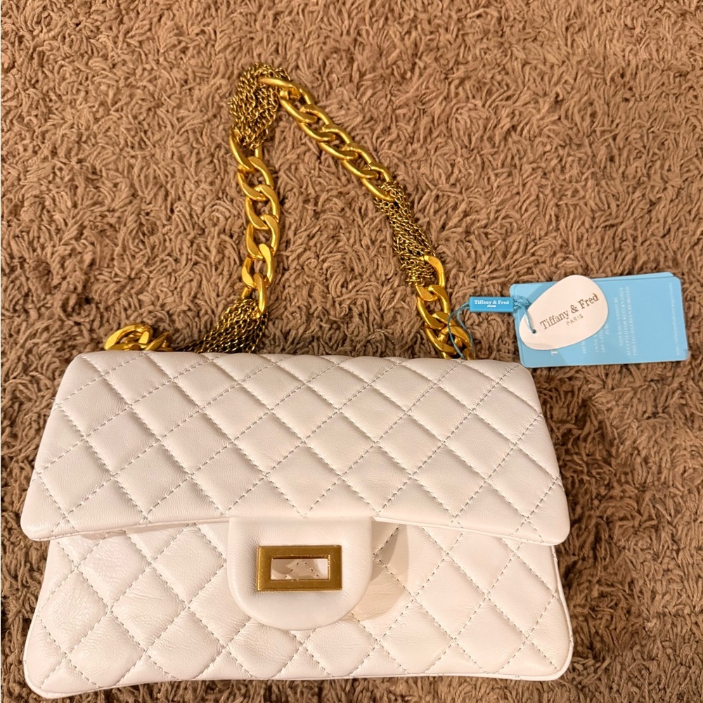 Tiffany And Fred White Quilted Shoulder Bag With Gold Chain
